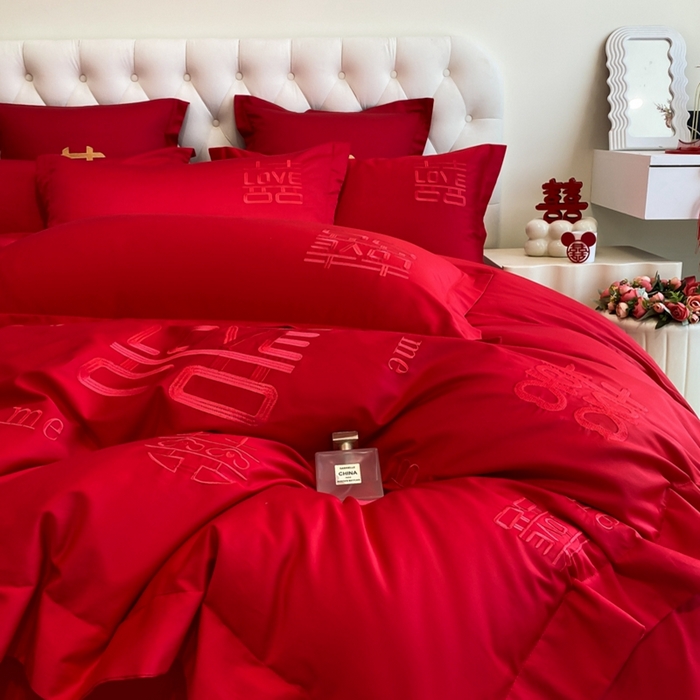 91家纺网 家纺一手货源 找家纺 欧乐蒂 2025新款亲肤棉婚庆刺绣四件套-终版 家有喜事-红