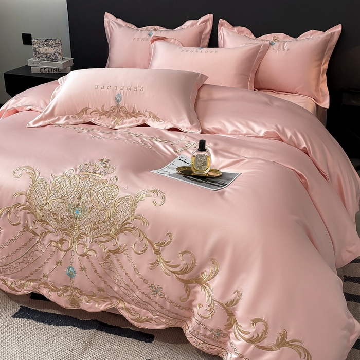 91家纺网 家纺一手货源 找家纺 欧乐蒂 2025新款欧式水洗贡缎全棉刺绣四件套-欧雅终版 粉色