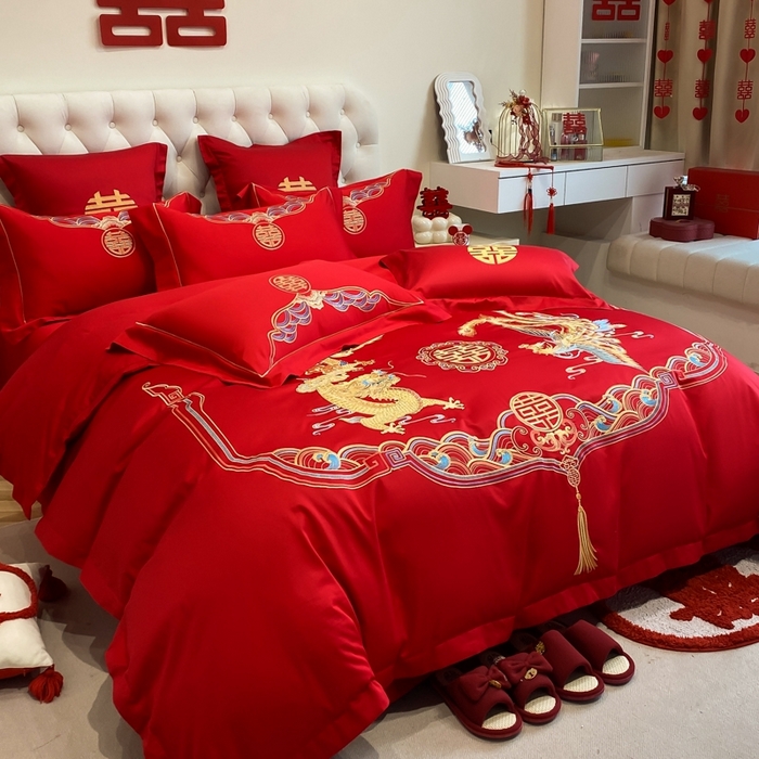 91家纺网 家纺一手货源 找家纺 欧乐蒂 2025新款亲肤棉婚庆刺绣四件套-终版 龙凤瑞彩