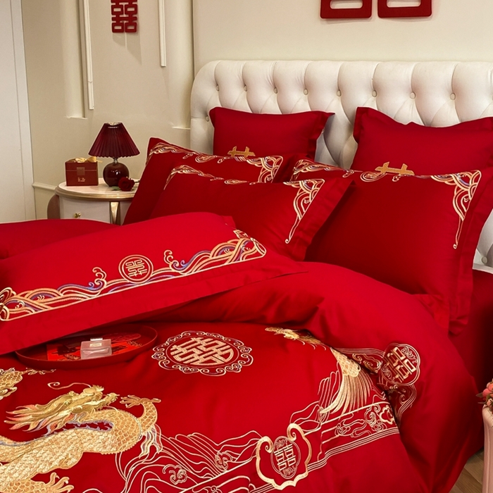 91家纺网 家纺一手货源 找家纺 欧乐蒂 2025新款亲肤棉婚庆刺绣四件套-终版 龙腾凤跃