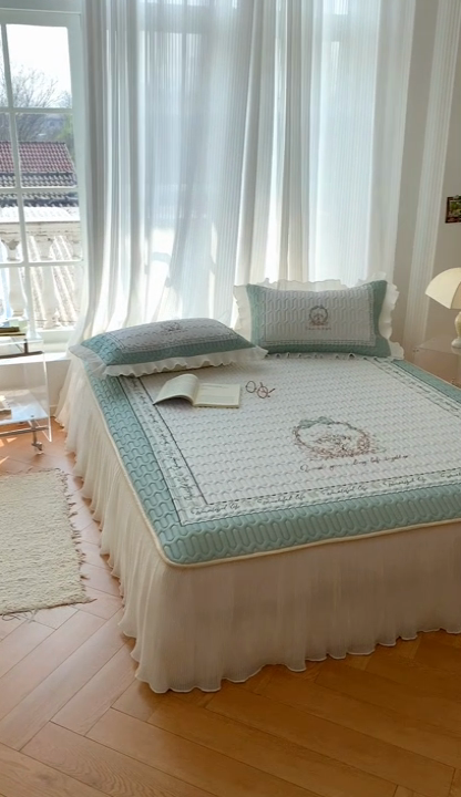 91家纺网 家纺一手货源 找家纺 慕澄家纺 2024新款大版印花床裙款乳胶凉席-凉席三件套 晚风