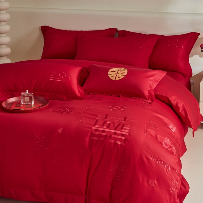 91家纺网 家纺一手货源 找家纺 欧乐蒂 2025新款亲肤棉婚庆刺绣四件套-家有喜事 家有喜事-红