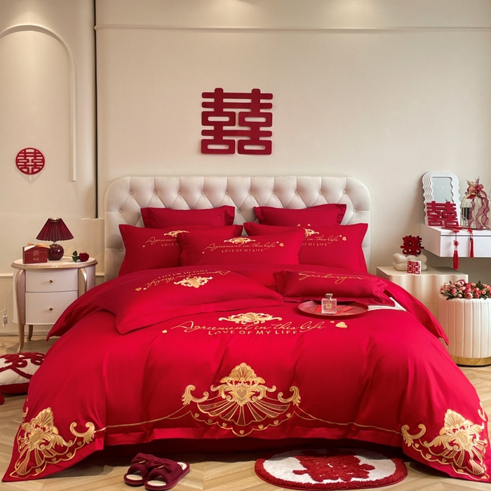 91家纺网 家纺一手货源 找家纺 欧乐蒂 2025新款设计师原创亲肤棉婚庆四件套 锦绣佳缘