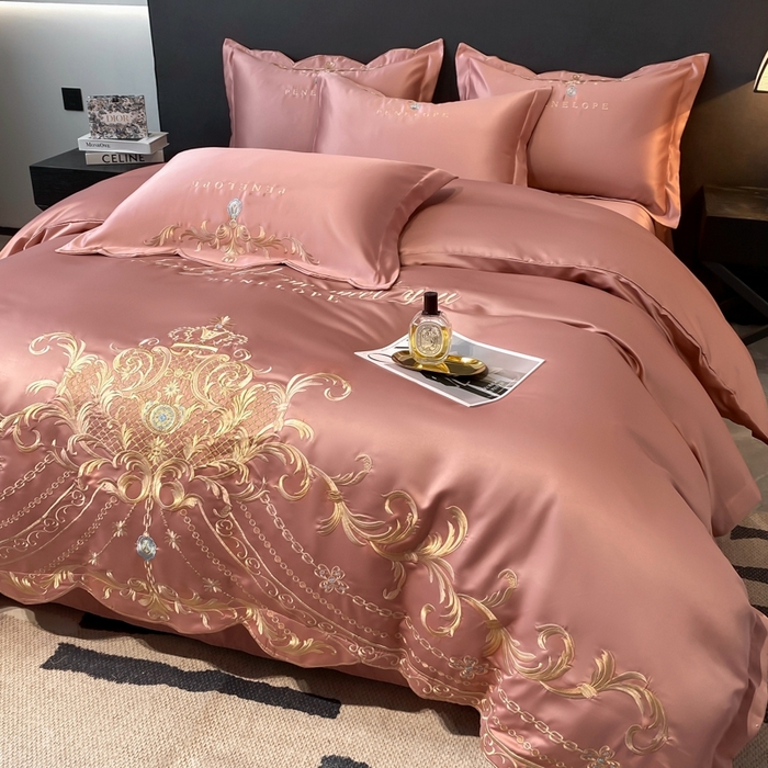 91家纺网 家纺一手货源 找家纺 欧乐蒂 2025新款欧式水洗贡缎全棉刺绣四件套-欧雅终版 玉色