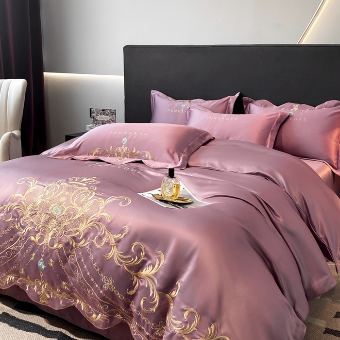 91家纺网 家纺一手货源 找家纺 欧乐蒂 2025新款欧式水洗贡缎全棉刺绣四件套-欧雅终版 豆沙