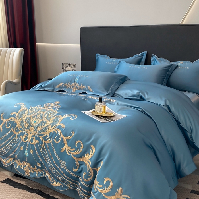 91家纺网 家纺一手货源 找家纺 欧乐蒂 2025新款欧式水洗贡缎全棉刺绣四件套-欧雅终版 宾利蓝