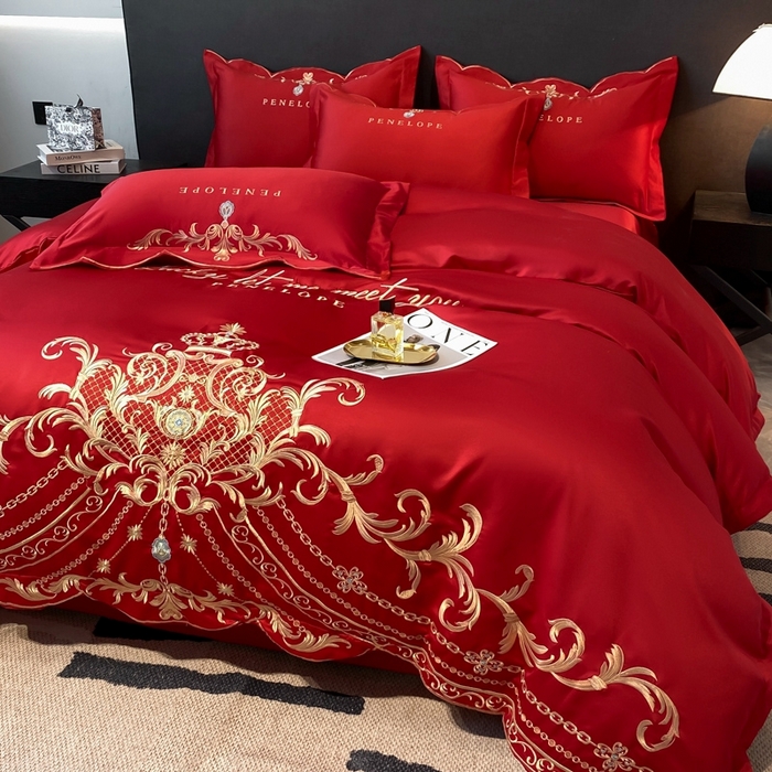 91家纺网 家纺一手货源 找家纺 欧乐蒂 2025新款欧式水洗贡缎全棉刺绣四件套-欧雅终版 酒红