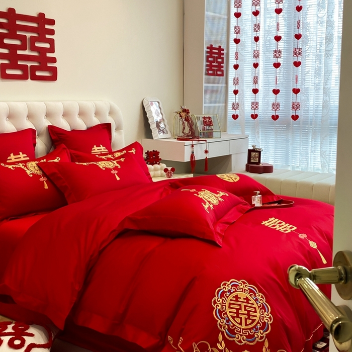 91家纺网 家纺一手货源 找家纺 欧乐蒂 2025新款亲肤棉婚庆刺绣四件套-终版 喜事连连