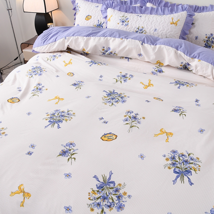 91家纺网 家纺一手货源 找家纺 艾裙海 2025新款云感双层纱床盖四件套 紫束