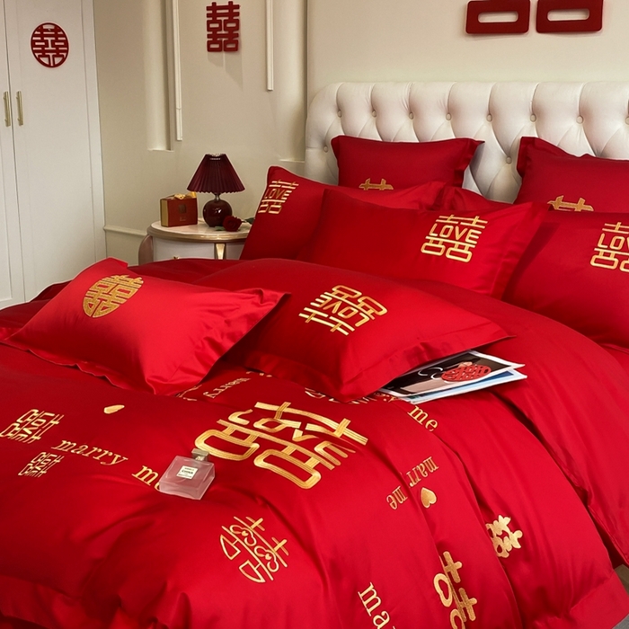 91家纺网 家纺一手货源 找家纺 欧乐蒂 2025新款亲肤棉婚庆刺绣四件套-终版 家有喜事-金