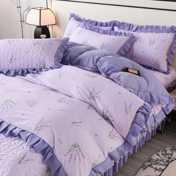 91家纺网 家纺一手货源 找家纺 艾裙海 2025新款云感双层纱床盖四件套 紫色薰衣草