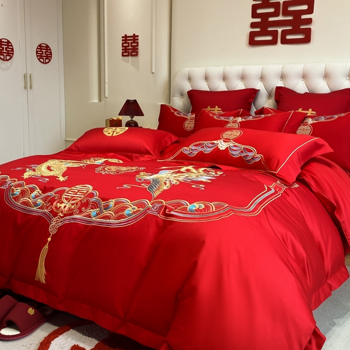 91家纺网 家纺一手货源 找家纺 欧乐蒂 2025新款亲肤棉婚庆刺绣四件套-终版 龙凤瑞彩