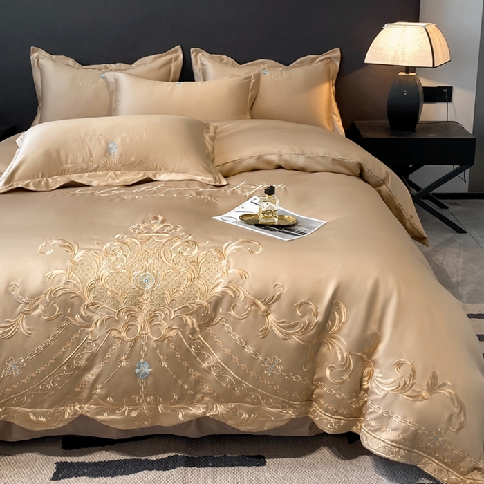 91家纺网 家纺一手货源 找家纺 欧乐蒂 2025新款欧式水洗贡缎全棉刺绣四件套-欧雅终版 香槟