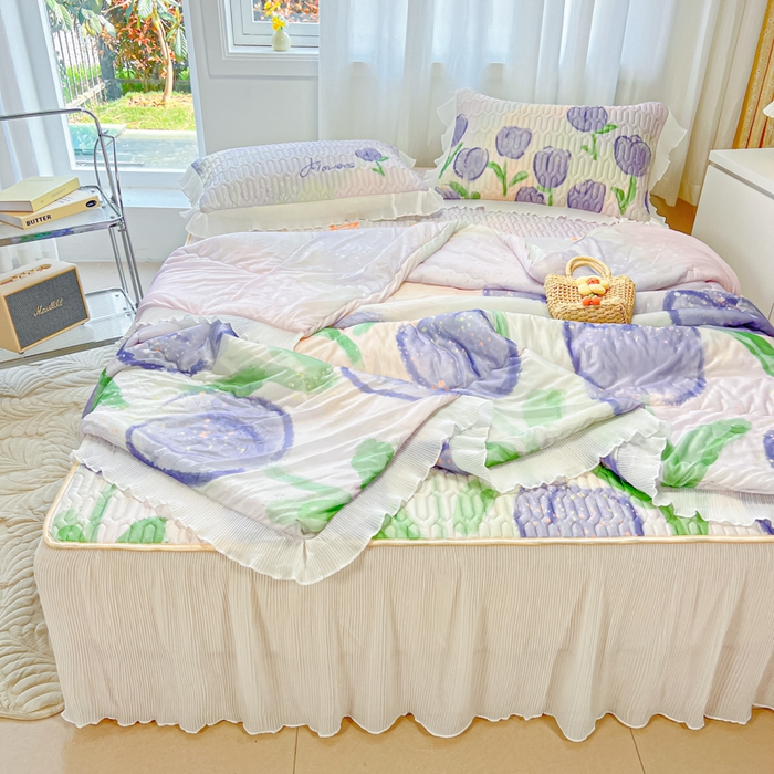 91家纺网 家纺一手货源 找家纺 慕澄家纺 2024新款大版印花乳胶凉席套件-夏被凉席四件套 紫色郁金香