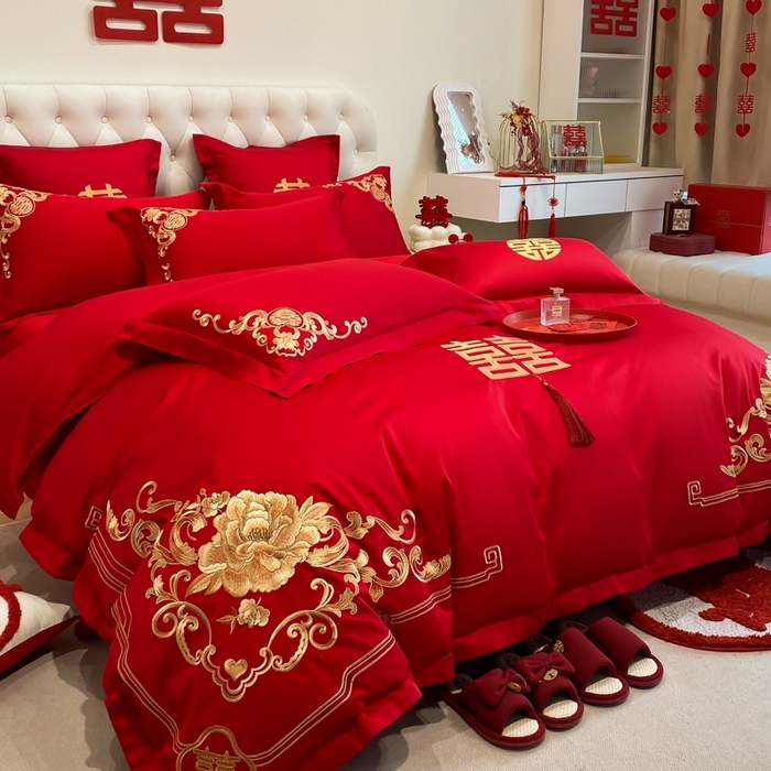 91家纺网 家纺一手货源 找家纺 欧乐蒂 2025新款亲肤棉婚庆刺绣四件套-终版 花开浪漫