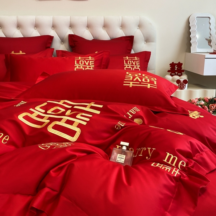 91家纺网 家纺一手货源 找家纺 欧乐蒂 2025新款亲肤棉婚庆刺绣四件套-终版 家有喜事-金