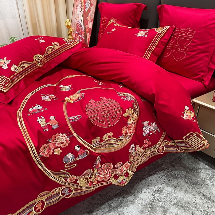 91家纺网 家纺一手货源 找家纺 卓缦家纺 2024新款全棉刺绣提花四件套 百子呈祥