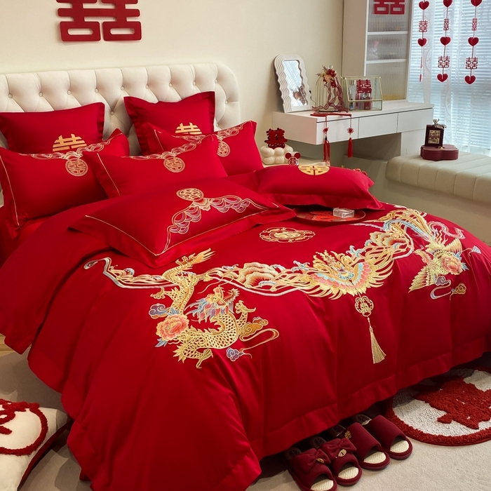 91家纺网 家纺一手货源 找家纺 欧乐蒂 2025新款亲肤棉婚庆刺绣四件套-终版 龙凤和鸣