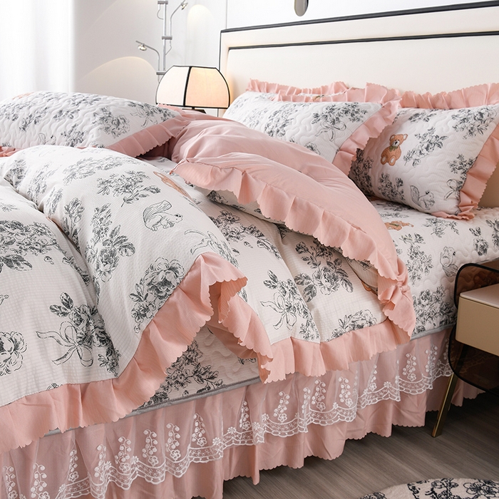 91家纺网 家纺一手货源 找家纺 艾裙海 2025新款云感双层纱床盖四件套 秘境