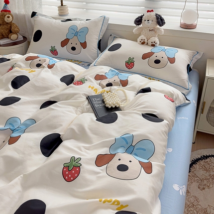 91家纺网 家纺一手货源 找家纺 乐童 2024新款直播爆款13070纯棉印花吊边款一字绣四件套 第五波 萌趣狗狗