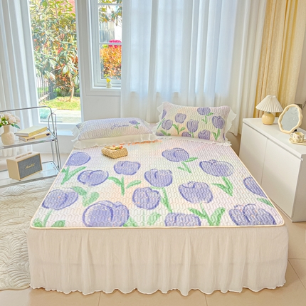 慕澄家纺 2024新款大版印花床裙款乳胶凉席-凉席三件套 紫色郁金香