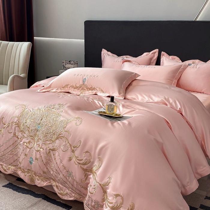 91家纺网 家纺一手货源 找家纺 欧乐蒂 2025新款欧式水洗贡缎全棉刺绣四件套-欧雅终版 粉色