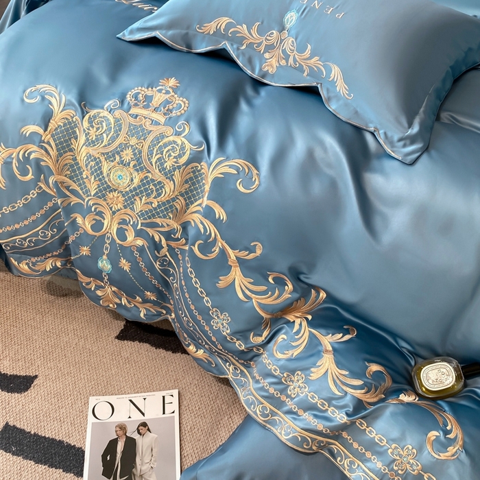 91家纺网 家纺一手货源 找家纺 欧乐蒂 2025新款欧式水洗贡缎全棉刺绣四件套-欧雅终版 宾利蓝