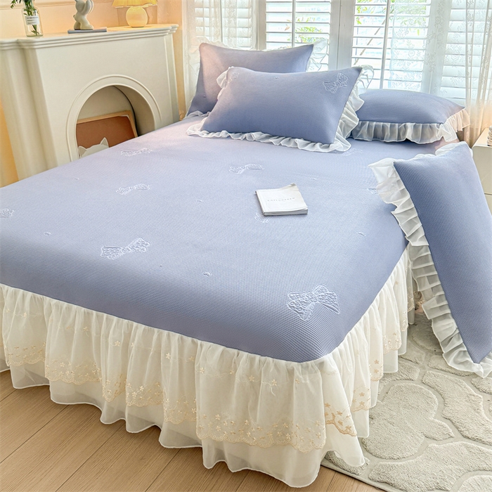 91家纺网 家纺一手货源 找家纺 启程家纺 2024新款A类凉豆豆床裙款凉席三件套 蝴蝶结-紫