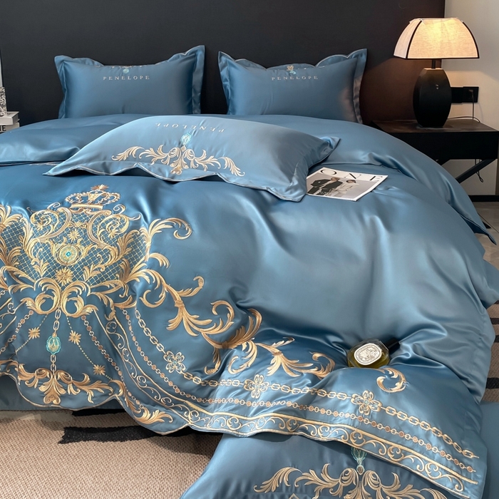 91家纺网 家纺一手货源 找家纺 欧乐蒂 2025新款欧式水洗贡缎全棉刺绣四件套-欧雅终版 宾利蓝