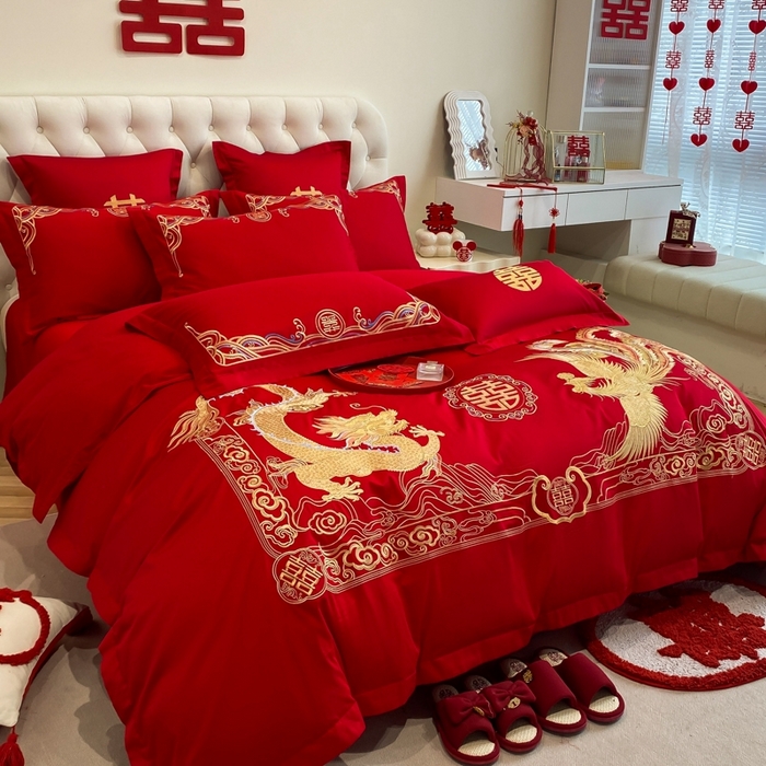 91家纺网 家纺一手货源 找家纺 欧乐蒂 2025新款亲肤棉婚庆刺绣四件套-终版 龙腾凤跃