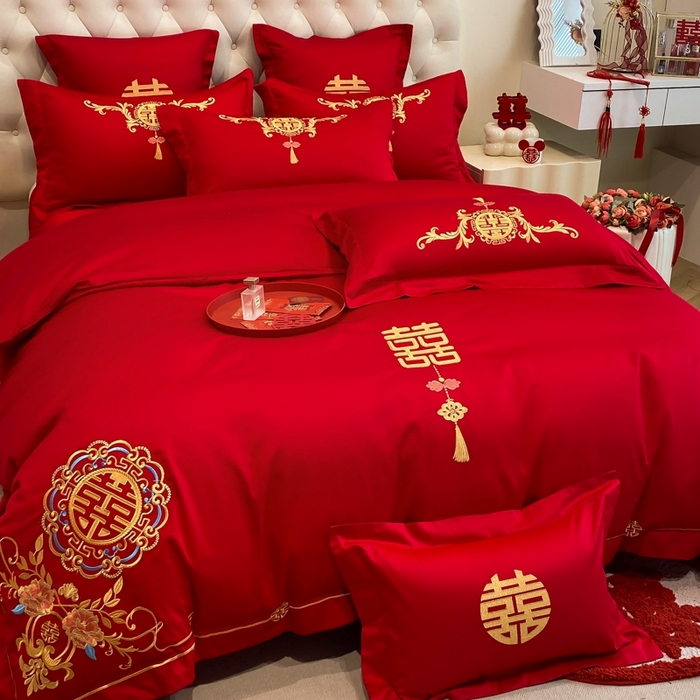 91家纺网 家纺一手货源 找家纺 欧乐蒂 2025新款亲肤棉婚庆刺绣四件套-终版 喜事连连