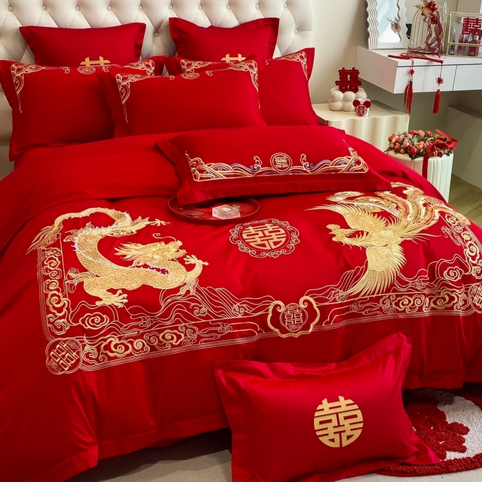 91家纺网 家纺一手货源 找家纺 欧乐蒂 2025新款亲肤棉婚庆刺绣四件套-终版 龙腾凤跃