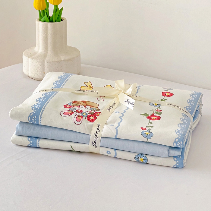 91家纺网 家纺一手货源 找家纺 优选良品 2025新款直播爆款全棉-ins印花系列四件套纯棉三件套床单床笠 花篮小兔