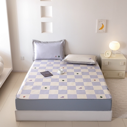 本希家居 2024新款花漾清新系列高端可水洗冰丝席 紫白方格床笠