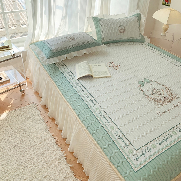 91家纺网 家纺一手货源 找家纺 慕澄家纺 2024新款大版印花床裙款乳胶凉席-凉席三件套 晚风