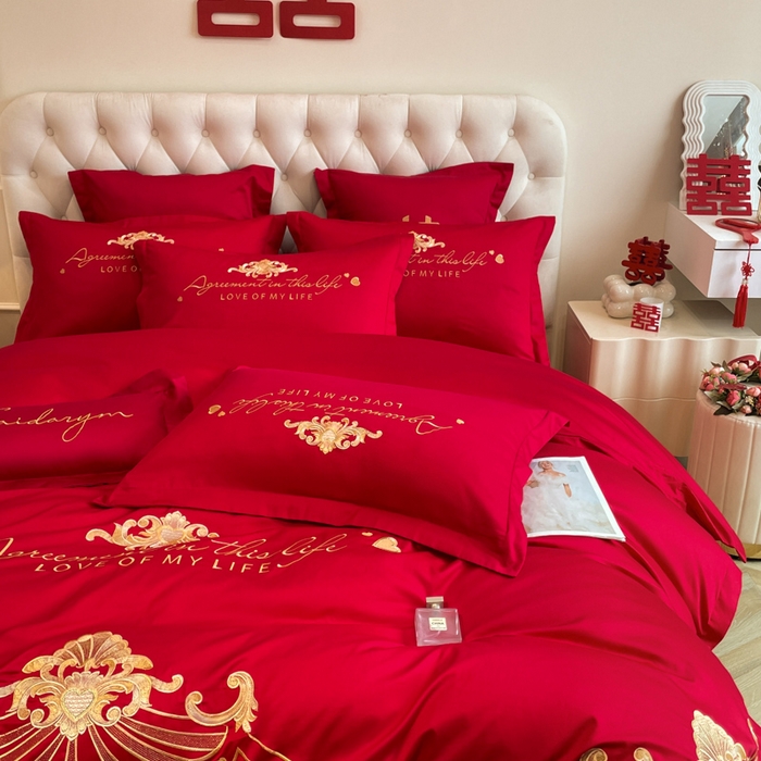 91家纺网 家纺一手货源 找家纺 欧乐蒂 2025新款设计师原创亲肤棉婚庆四件套 锦绣佳缘