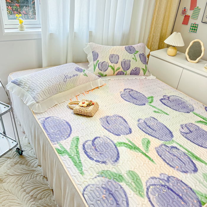 91家纺网 家纺一手货源 找家纺 慕澄家纺 2024新款大版印花床裙款乳胶凉席-凉席三件套 紫色郁金香