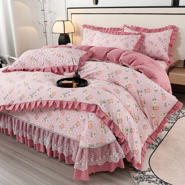 91家纺网 家纺一手货源 找家纺 艾裙海 2025新款云感双层纱床盖四件套 花香依然