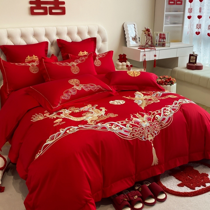 91家纺网 家纺一手货源 找家纺 欧乐蒂 2025新款亲肤棉婚庆刺绣四件套-终版 龙凤祥瑞