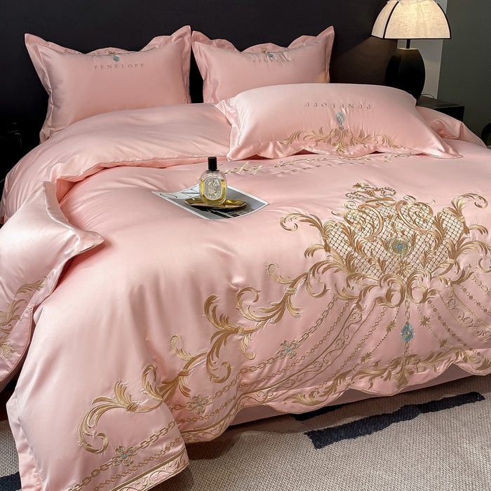 91家纺网 家纺一手货源 找家纺 欧乐蒂 2025新款欧式水洗贡缎全棉刺绣四件套-欧雅终版 粉色