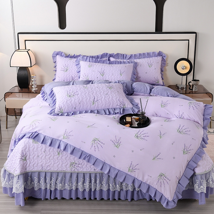 91家纺网 家纺一手货源 找家纺 艾裙海 2025新款云感双层纱床盖四件套 紫色薰衣草