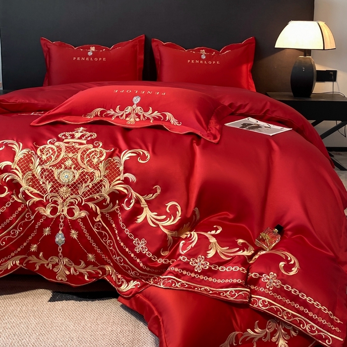 91家纺网 家纺一手货源 找家纺 欧乐蒂 2025新款欧式水洗贡缎全棉刺绣四件套-欧雅终版 酒红