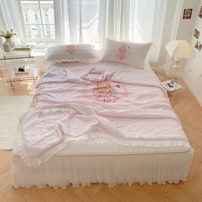 91家纺网 家纺一手货源 找家纺 慕澄家纺 2024新款大版印花乳胶凉席套件-夏被凉席四件套 女孩