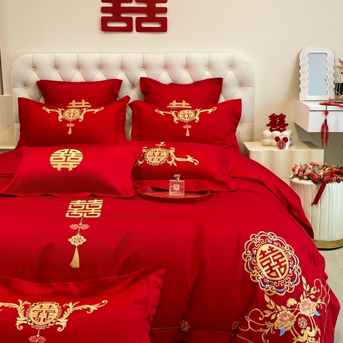 91家纺网 家纺一手货源 找家纺 欧乐蒂 2025新款亲肤棉婚庆刺绣四件套-终版 喜事连连