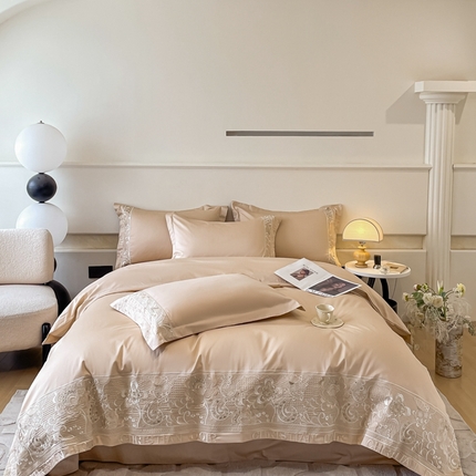 欧乐蒂 2025新款高支密长绒棉刺绣四件套-繁花-终版 繁花-香槟金
