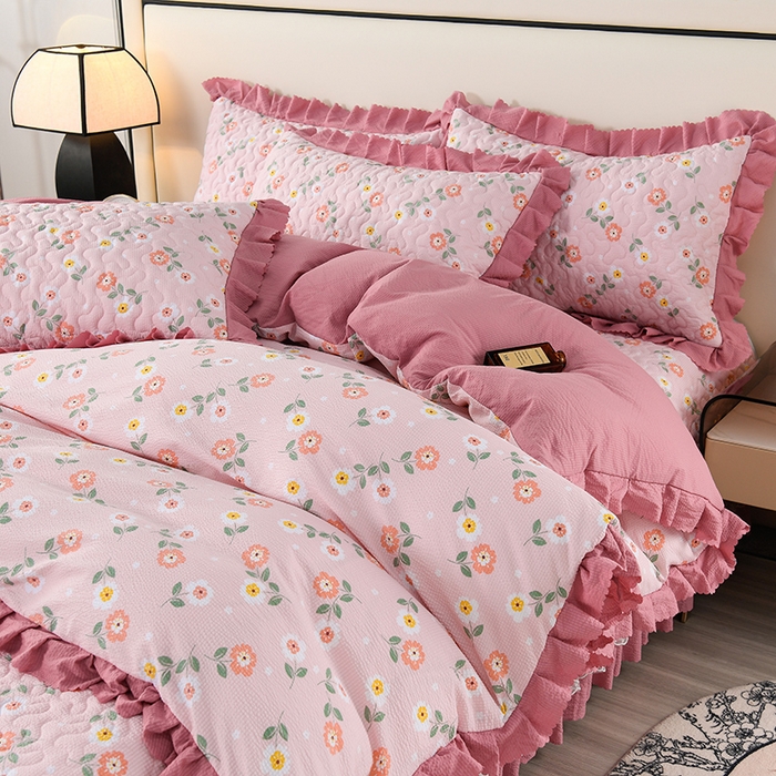 91家纺网 家纺一手货源 找家纺 艾裙海 2025新款云感双层纱床盖四件套 花香依然