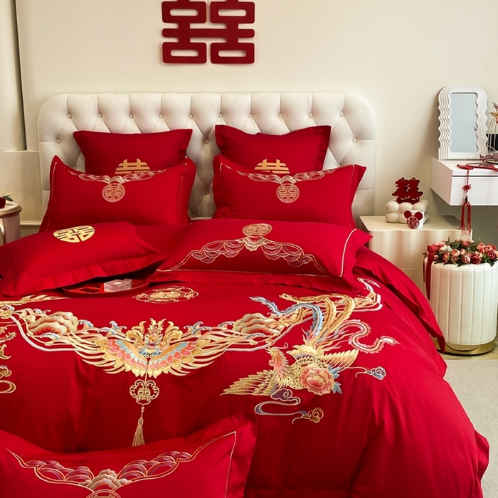91家纺网 家纺一手货源 找家纺 欧乐蒂 2025新款亲肤棉婚庆刺绣四件套-终版 龙凤和鸣