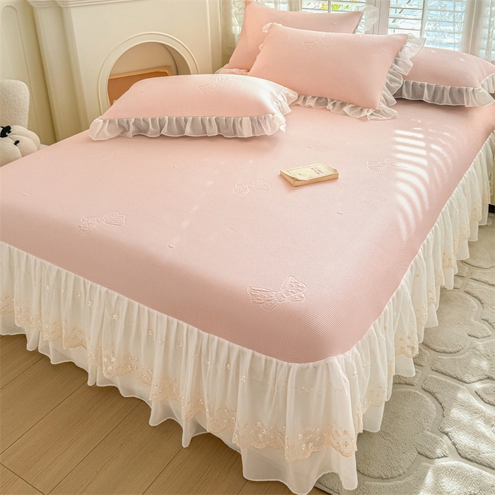 91家纺网 家纺一手货源 找家纺 启程家纺 2024新款A类凉豆豆床裙款凉席三件套 蝴蝶结-粉