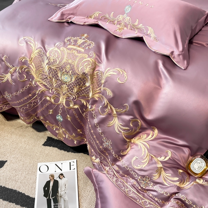 91家纺网 家纺一手货源 找家纺 欧乐蒂 2025新款欧式水洗贡缎全棉刺绣四件套-欧雅终版 豆沙