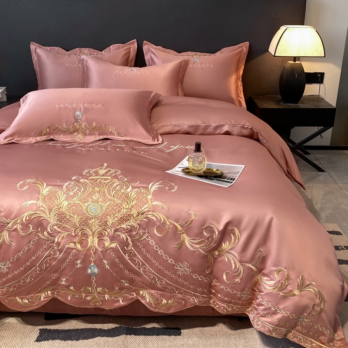 91家纺网 家纺一手货源 找家纺 欧乐蒂 2025新款欧式水洗贡缎全棉刺绣四件套-欧雅终版 玉色